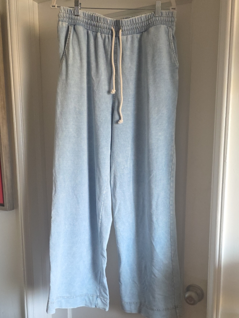 Jane and Delancey Light Wash Denim-Look Wide  Leg Drawstring Pants, Sz Large